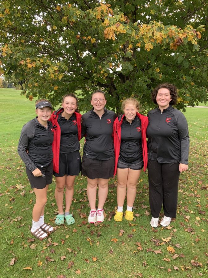 Some members of the girls Golf team stand together for a group photo as they celebrate their win at the  final TVC Jamboree.  