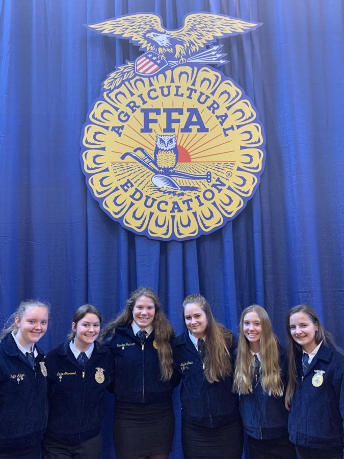 (left to right) Kylie Acker, Peyton Allen, Kiersten Francisco, Haylee Davis, Lauren Devine, and Madyson Hartman celebrate together after a long day of fun at the FFA convention. 