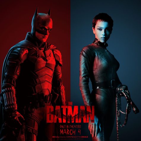 This promotional poster highlights the new Batman movie staring Robert Patterson and Zoe Kravitz.  