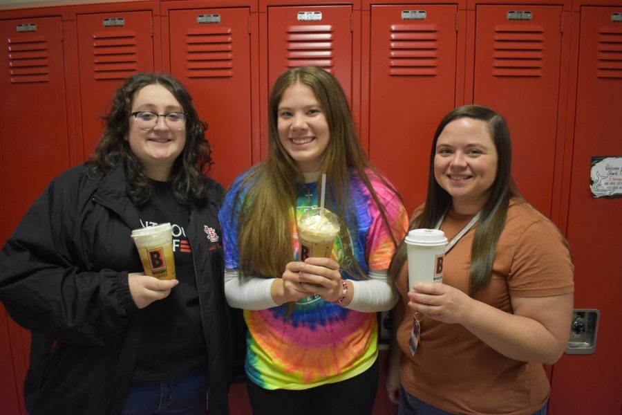 Ms.+Kisser+and+two+students+enjoy+their+daily+cups+from+the+Biggby+in+St.+Louis.+