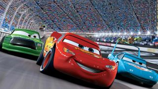 Lightning McQueen competes for the Piston Cup alongside The King and Chick Hicks.