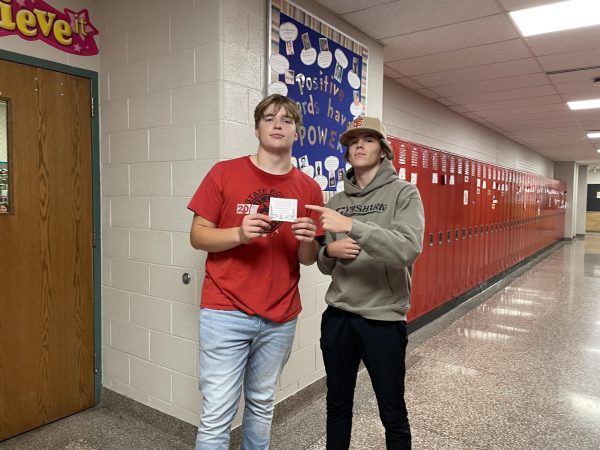 Two of Mrs. Reeves sophomores, Tiger Russell and Bentley Inbody, celebrate after nabbing a clue.