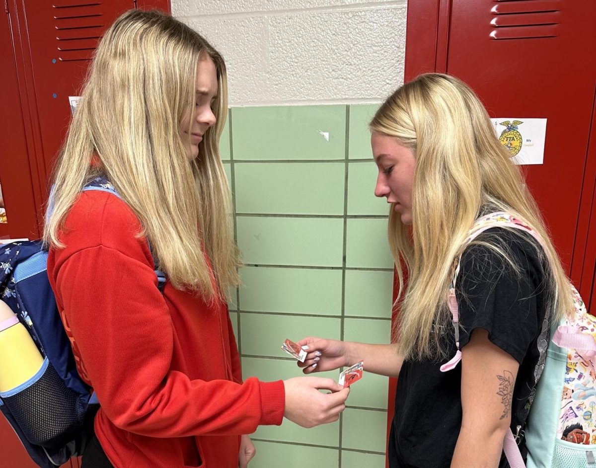 Seniors Brynn Saxton and Annabelle Breen discuss their student ID photos.