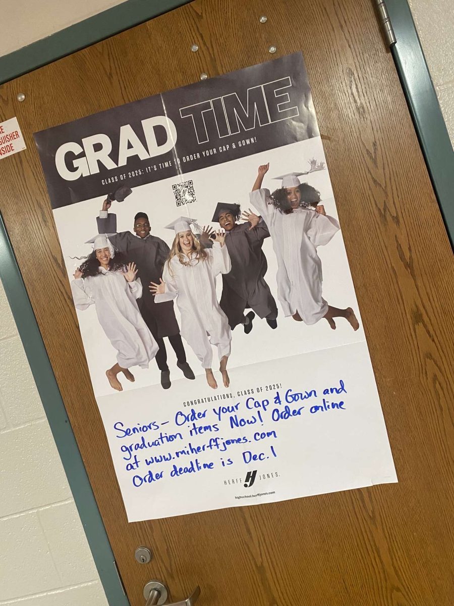 The information on Caps and Gown posted on a door.