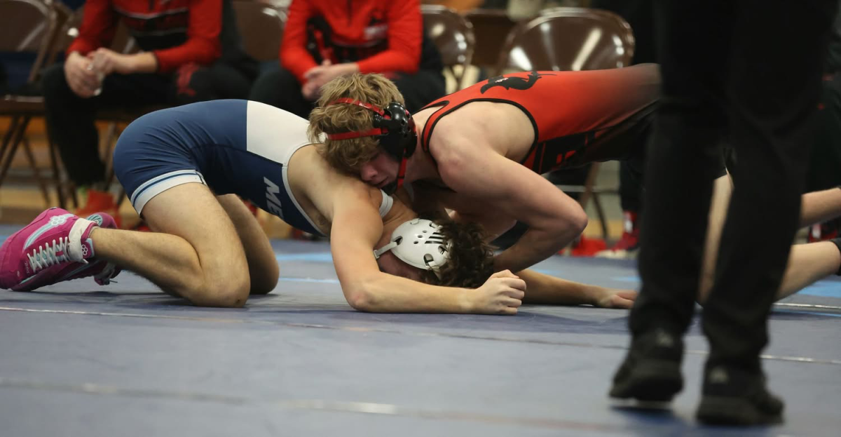 Junior Michael Borie works to pin his opponent.