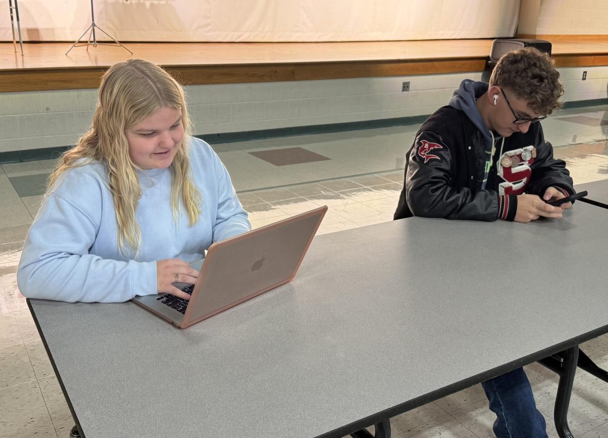 Senior Allyson VanAlstine works hard on her work while Senior Jacob Erskin focuses on his phone.